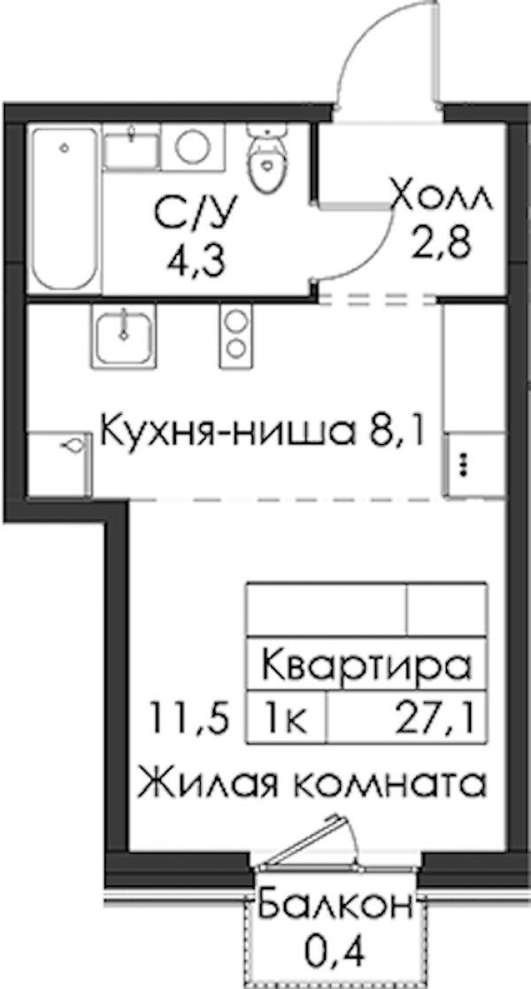 Квартира студия 27.1 м², 5/12 эт., ЖК «Шкиперский 19»